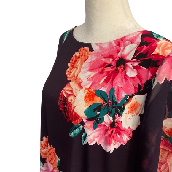 J.Howard Shift Dress Size 12 Black Floral Long Sheer Bell Sleeves Flowy Church - Picture 10 of 12